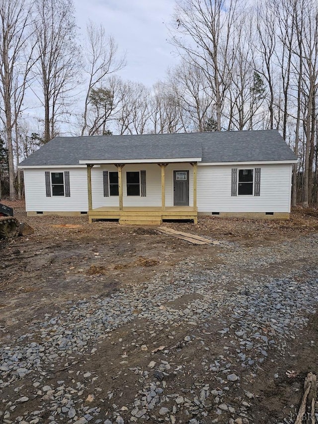 2 Cedar Bluff Ln, Hardy, VA 24101 - view of front facade with crawl space, a shingled roof, and covered porch
