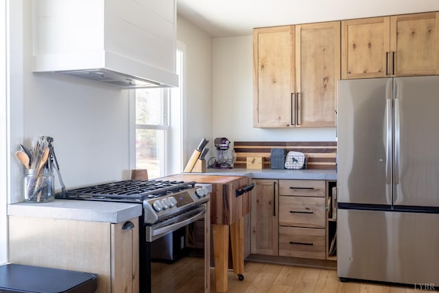 355 Camellia, Hurt, VA 24563 - kitchen featuring stainless steel appliances, custom range hood, light countertops, and light wood-type flooring