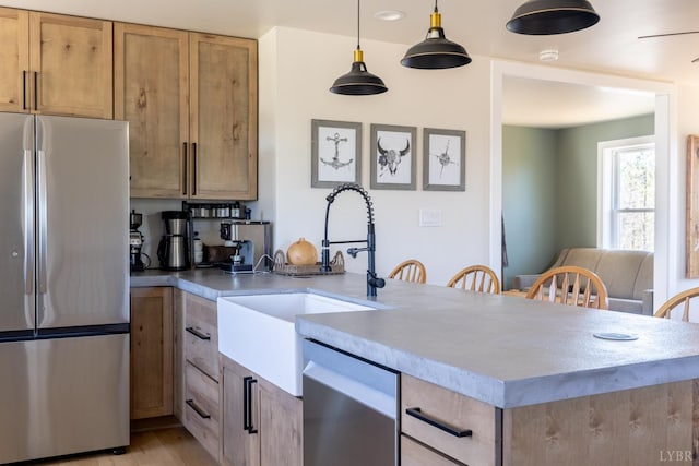 355 Camellia, Hurt, VA 24563 - kitchen featuring a sink, light wood-style flooring, a peninsula, hanging light fixtures, and appliances with stainless steel finishes