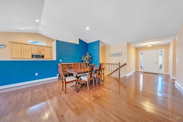200 Inlet Dr, Wirtz, VA 24184 - dining room with baseboards, light wood-type flooring, vaulted ceiling, and recessed lighting