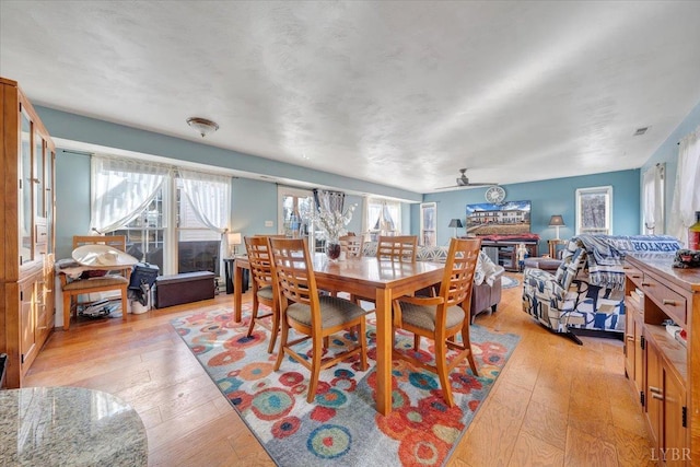 1014 Tall Tree Rd, Wirtz, VA 24184 - dining room with light wood-type flooring, a ceiling fan, and a glass covered fireplace