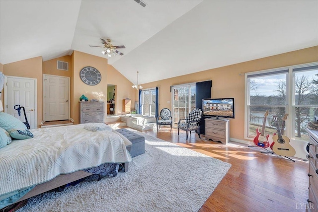 1014 Tall Tree Rd, Wirtz, VA 24184 - bedroom featuring wood finished floors, vaulted ceiling, a ceiling fan, and baseboards