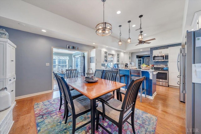 1014 Tall Tree Rd, Wirtz, VA 24184 - dining space featuring recessed lighting, a ceiling fan, light wood finished floors, and baseboards