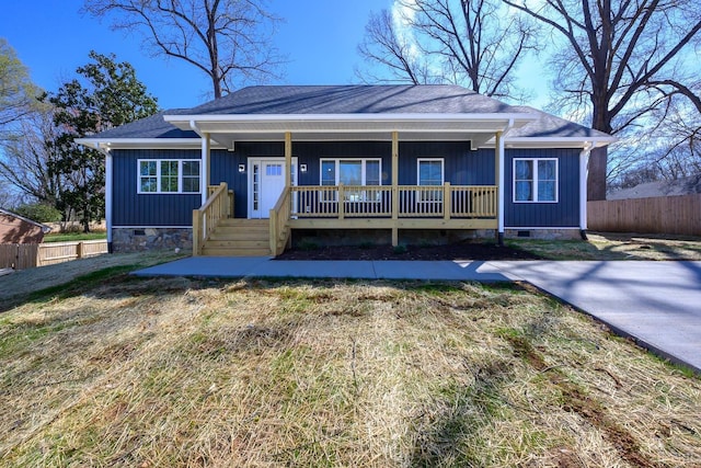 3936 Moorman Dr, Lynchburg, VA 24501 - view of front of home featuring covered porch, crawl space, fence, and roof with shingles