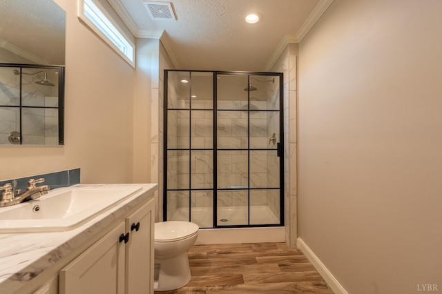 1381 Moccasin Path Trl, Huddleston, VA 24104 - full bath with crown molding, visible vents, wood finished floors, and a stall shower