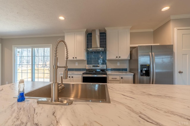1381 Moccasin Path Trl, Huddleston, VA 24104 - kitchen with wall chimney range hood, stainless steel appliances, crown molding, and white cabinetry