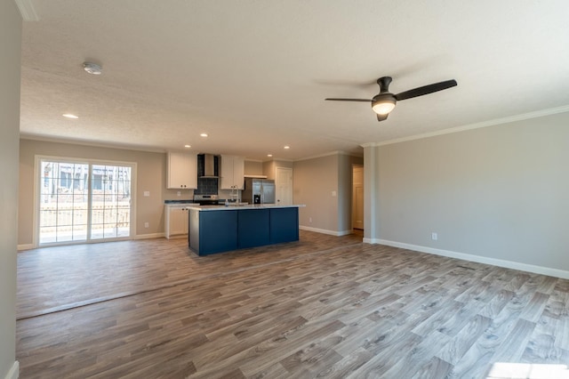 1381 Moccasin Path Trl, Huddleston, VA 24104 - kitchen featuring stainless steel refrigerator with ice dispenser, open floor plan, crown molding, and wood finished floors