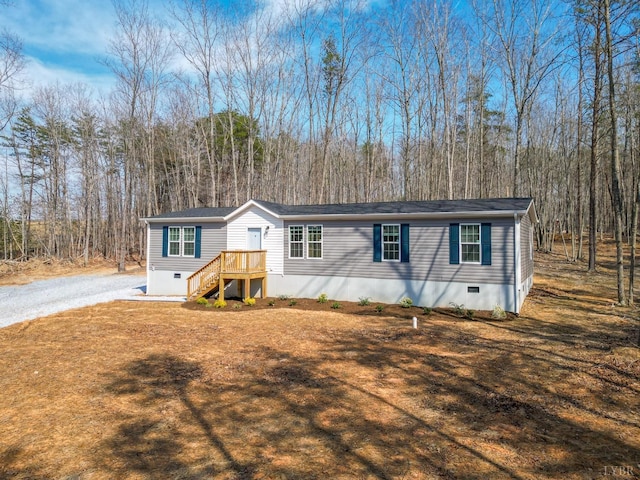 1381 Moccasin Path Trl, Huddleston, VA 24104 - manufactured / mobile home featuring a wooded view, gravel driveway, and crawl space