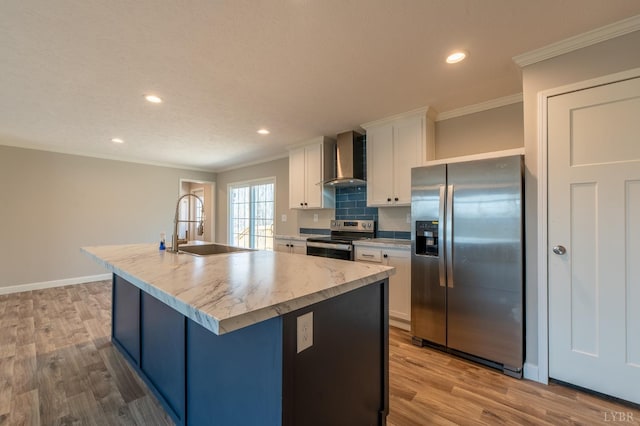 1381 Moccasin Path Trl, Huddleston, VA 24104 - kitchen with appliances with stainless steel finishes, a sink, wall chimney exhaust hood, wood finished floors, and ornamental molding