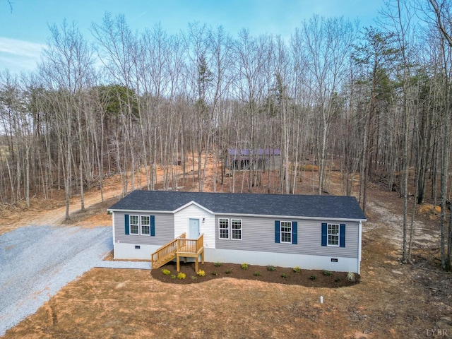 1381 Moccasin Path Trl, Huddleston, VA 24104 - manufactured / mobile home with a forest view, a shingled roof, and crawl space