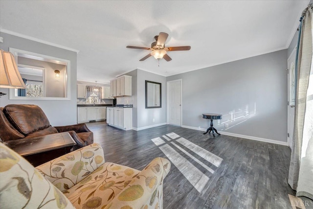 1309 Gate Ln, Moneta, VA 24121 - living area featuring dark wood-style floors, crown molding, baseboards, and ceiling fan