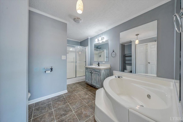1309 Gate Ln, Moneta, VA 24121 - bathroom with a textured ceiling, crown molding, a shower stall, vanity, and a garden tub