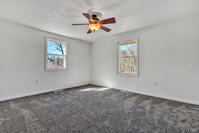1330 Springfield Dr, Vinton, VA 24179 - empty room featuring ceiling fan, a textured ceiling, carpet flooring, crown molding, and baseboards