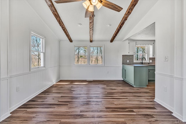 1330 Springfield Dr, Vinton, VA 24179 - unfurnished living room with healthy amount of natural light, ceiling fan, dark wood-type flooring, wainscoting, and a decorative wall