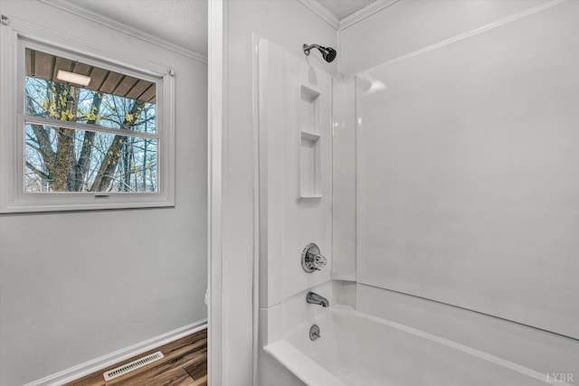 1330 Springfield Dr, Vinton, VA 24179 - full bath featuring shower / bath combination, baseboards, ornamental molding, and wood finished floors