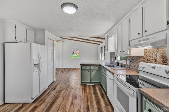 1330 Springfield Dr, Vinton, VA 24179 - kitchen featuring white appliances, under cabinet range hood, green cabinetry, a sink, and dark wood-style floors