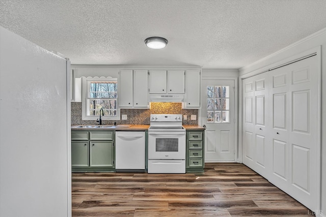 1330 Springfield Dr, Vinton, VA 24179 - kitchen with green cabinets, white appliances, a sink, under cabinet range hood, and dark wood-style flooring