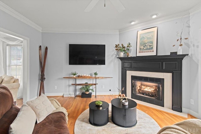 352 Wild Turkey Rd, Lynchburg, VA 24502 - living room with ornamental molding, a fireplace, wood finished floors, and a ceiling fan