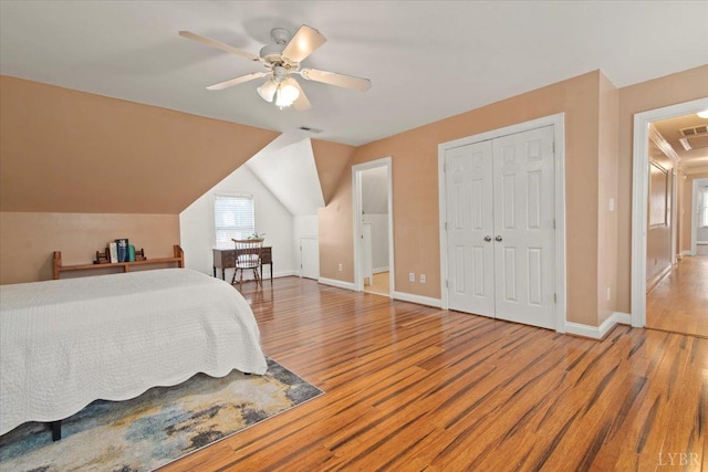 352 Wild Turkey Rd, Lynchburg, VA 24502 - bedroom featuring wood finished floors, lofted ceiling, ceiling fan, and a closet