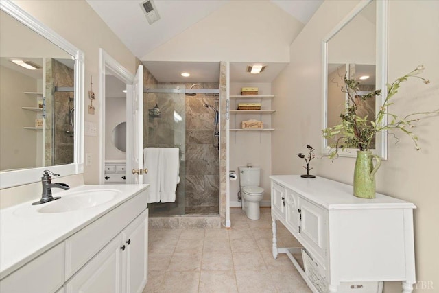 352 Wild Turkey Rd, Lynchburg, VA 24502 - bathroom featuring vanity, a stall shower, lofted ceiling, and tile patterned flooring