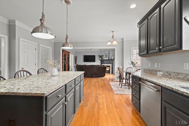352 Wild Turkey Rd, Lynchburg, VA 24502 - kitchen with dishwasher, ornamental molding, a center island, a lit fireplace, and light wood-type flooring