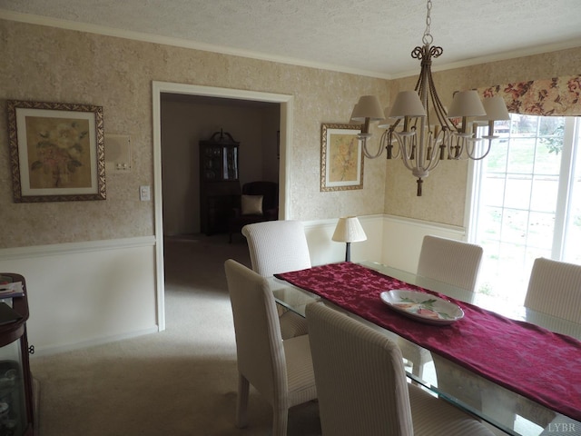 723 Custer Dr, Lynchburg, VA 24502 - carpeted dining room with a wainscoted wall, ornamental molding, wallpapered walls, and a chandelier