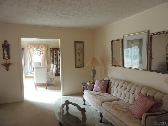 723 Custer Dr, Lynchburg, VA 24502 - carpeted living area with ornamental molding, a notable chandelier, baseboards, and a textured ceiling