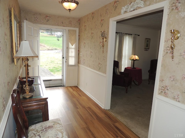 723 Custer Dr, Lynchburg, VA 24502 - entrance foyer with wallpapered walls, light wood finished floors, and wainscoting