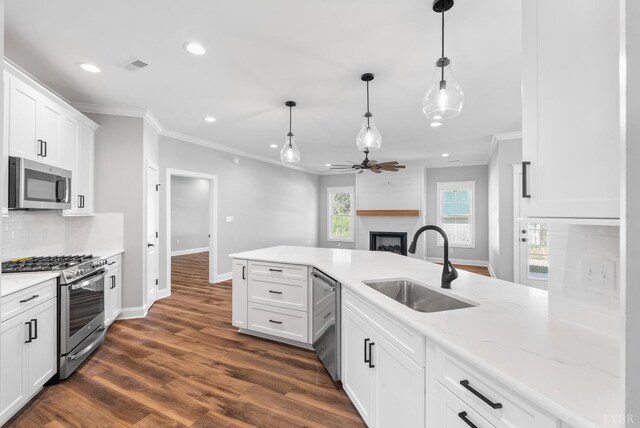 117 Craftsman Way, Lynchburg, VA 24503 - kitchen with stainless steel appliances, decorative backsplash, a large fireplace, a sink, and a ceiling fan