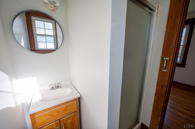 501 W Spencer Rd, Hurt, VA 24563 - bathroom featuring vanity, wood finished floors, and a shower with door