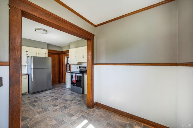 501 W Spencer Rd, Hurt, VA 24563 - kitchen with stainless steel appliances, white cabinets, stone finish flooring, crown molding, and baseboards