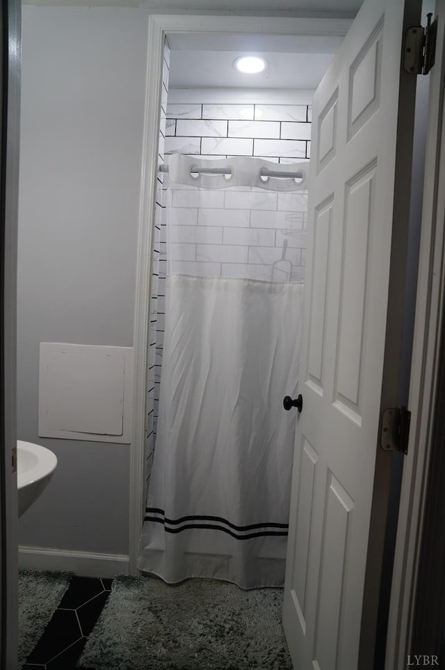 203 Marshall St, Brookneal, VA 24528 - full bathroom featuring a shower with shower curtain, tile patterned flooring, and recessed lighting