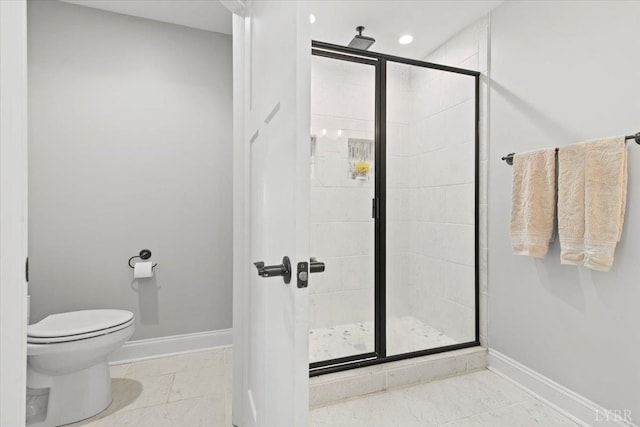 1031 Tori Ct, Forest, VA 24551 - full bathroom featuring baseboards, a shower stall, toilet, marble look tile flooring, and recessed lighting
