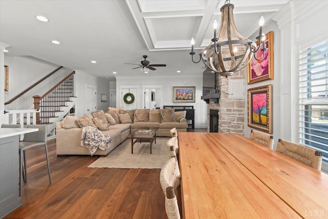 1031 Tori Ct, Forest, VA 24551 - living area featuring a chandelier, crown molding, a ceiling fan, dark wood-type flooring, and stairway