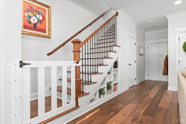 1031 Tori Ct, Forest, VA 24551 - staircase with wood finished floors, ornamental molding, and recessed lighting