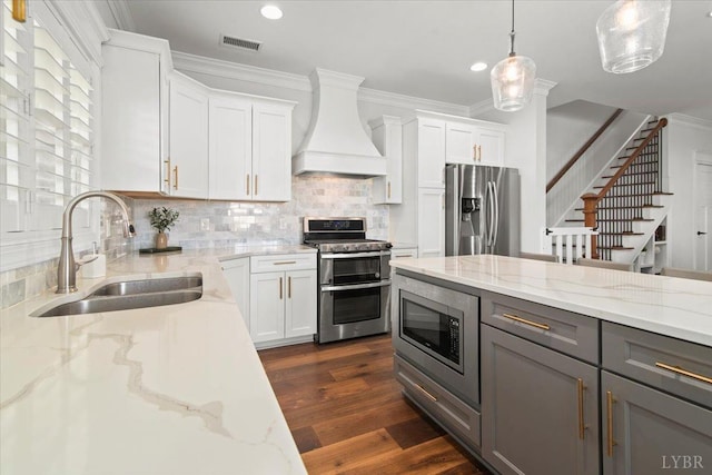 1031 Tori Ct, Forest, VA 24551 - kitchen featuring appliances with stainless steel finishes, a sink, custom range hood, gray cabinets, and tasteful backsplash