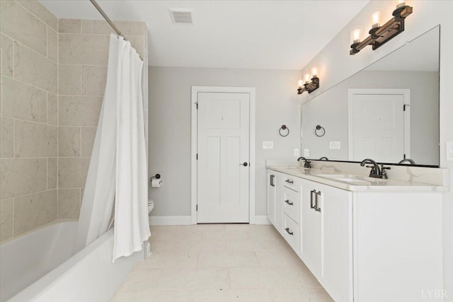 1031 Tori Ct, Forest, VA 24551 - full bath with double vanity, shower / bath combination with curtain, toilet, baseboards, and tile patterned flooring