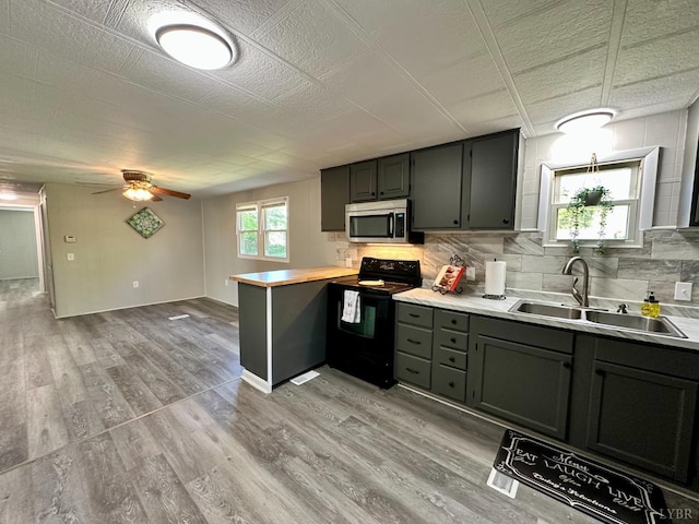 157 Phelps Rd, Madison Heights, VA 24572 - kitchen featuring black electric range oven, stainless steel microwave, light countertops, and ceiling fan