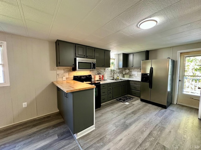 157 Phelps Rd, Madison Heights, VA 24572 - kitchen featuring stainless steel appliances, wooden counters, light wood-type flooring, a peninsula, and backsplash