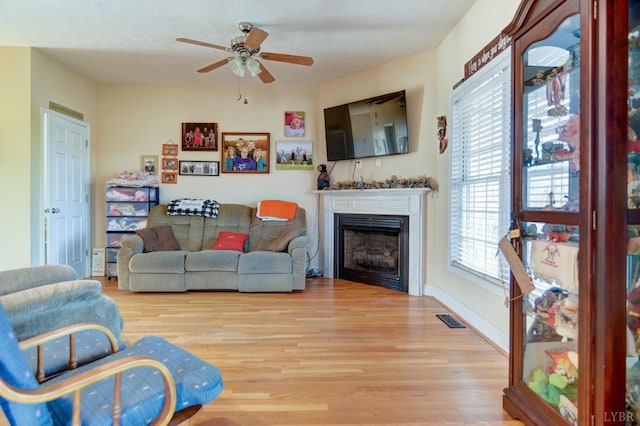84 Jeter Ct, Lynchburg, VA 24501 - living room featuring ceiling fan, wood finished floors, a fireplace, and baseboards