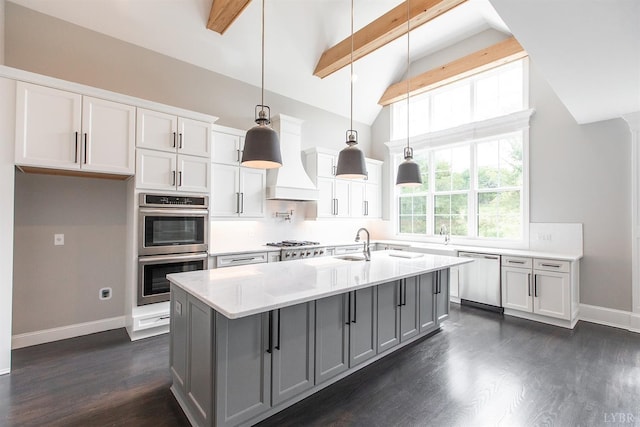 14 Deer Hollow Rd, Forest, VA 24551 - kitchen featuring dark wood finished floors, gray cabinets, stainless steel appliances, premium range hood, and beam ceiling