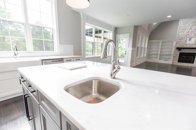 14 Deer Hollow Rd, Forest, VA 24551 - kitchen with a sink, open floor plan, a fireplace, dark wood-style floors, and recessed lighting
