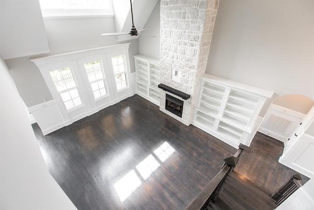 14 Deer Hollow Rd, Forest, VA 24551 - unfurnished living room with a high ceiling, dark wood-style flooring, a fireplace, and a ceiling fan
