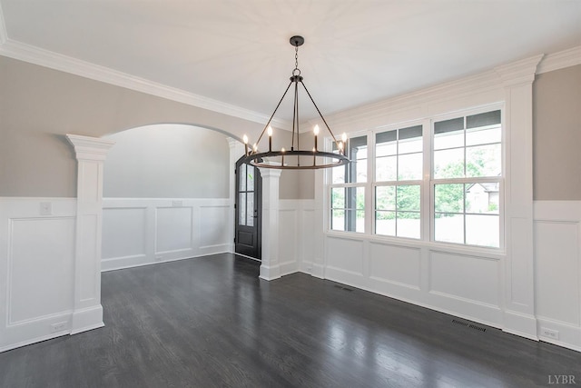 14 Deer Hollow Rd, Forest, VA 24551 - unfurnished dining area featuring dark wood-type flooring, arched walkways, ornamental molding, visible vents, and a chandelier
