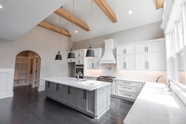 14 Deer Hollow Rd, Forest, VA 24551 - kitchen featuring arched walkways, a sink, beamed ceiling, custom range hood, and high vaulted ceiling