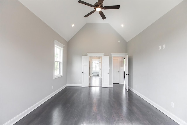 14 Deer Hollow Rd, Forest, VA 24551 - unfurnished bedroom featuring ceiling fan, high vaulted ceiling, dark wood-style flooring, and baseboards