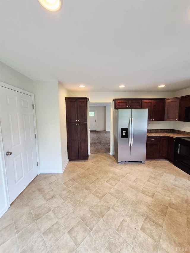 188 Oak Spring Ln, Madison Heights, VA 24572 - kitchen with stainless steel fridge with ice dispenser, range, recessed lighting, dark brown cabinetry, and light countertops