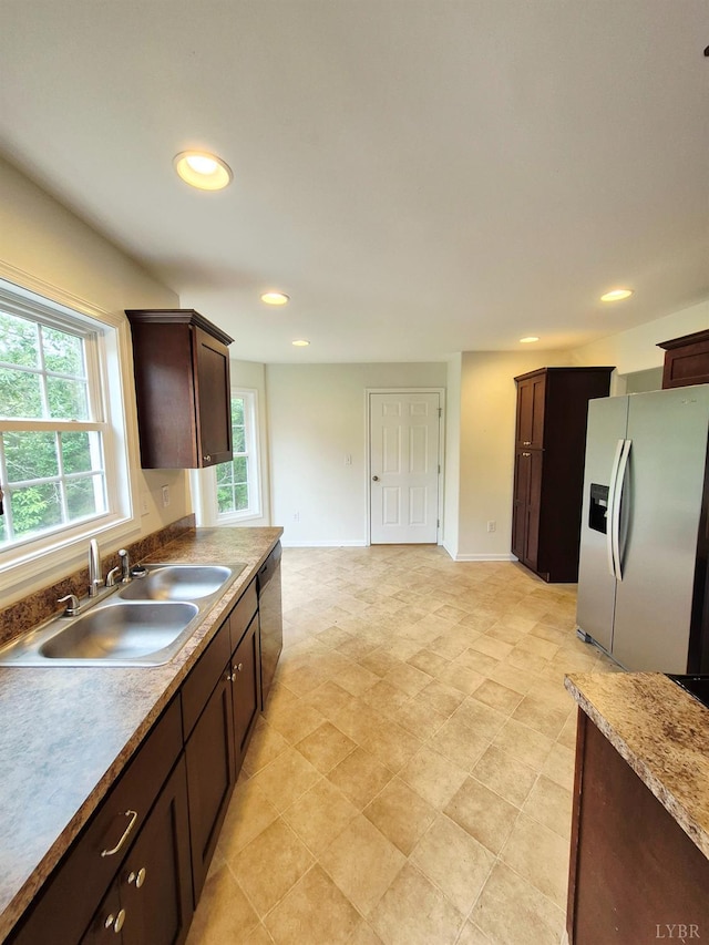 188 Oak Spring Ln, Madison Heights, VA 24572 - kitchen with stainless steel fridge with ice dispenser, dishwasher, dark brown cabinets, and recessed lighting
