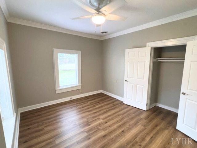 2024 Poplar St, Lynchburg, VA 24504 - unfurnished bedroom featuring ornamental molding, wood finished floors, a closet, and ceiling fan