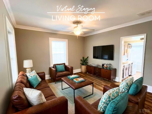 2024 Poplar St, Lynchburg, VA 24504 - living area with crown molding, a ceiling fan, wood finished floors, and baseboards